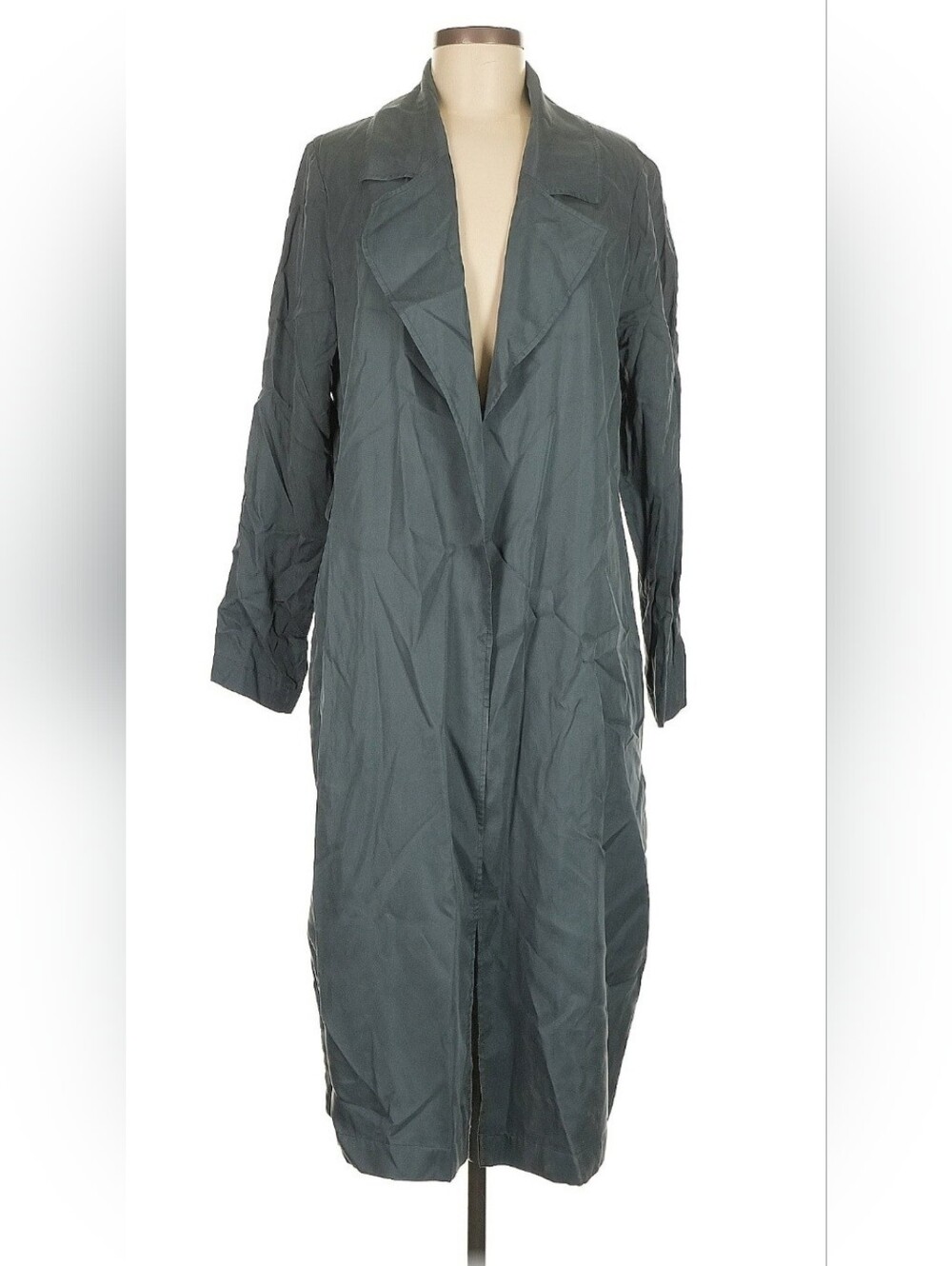 JS Collections Long Open-Front Trench Coat in Deep Slate Green